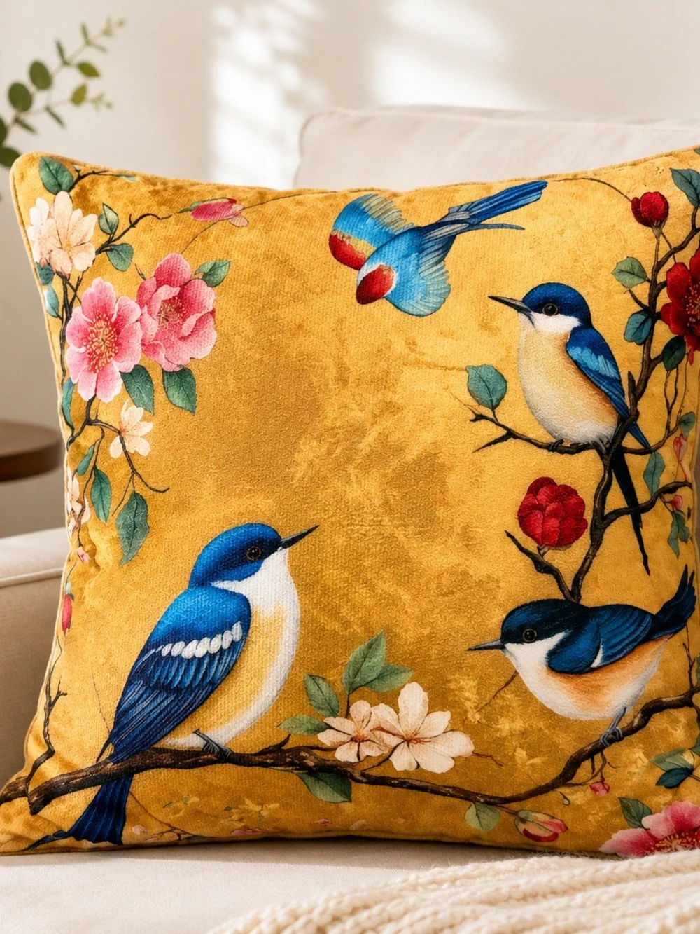 Golden Velvet Bird & Floral Accent Pillow - Blue Motif